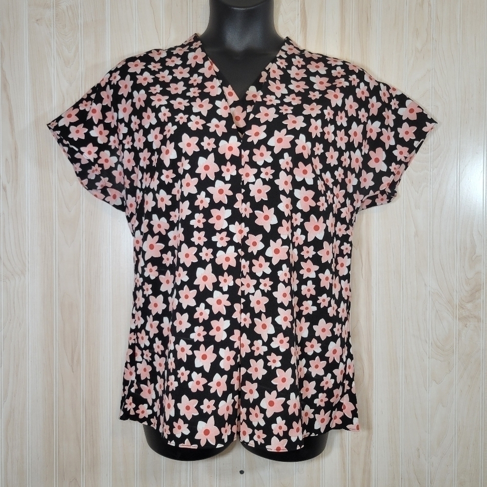CAbi Floral Black Blouse Top Sz Med